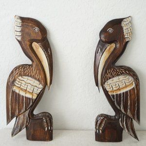 Set of 2 Hand Painted Wooden Carved Brown White Pelican Bird Wall Hangings